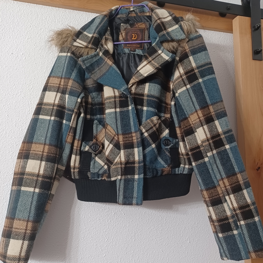 Dollhouse Plaid Crop Jacket Large ~ Teal, Brown & Black with Hood & Faux Fur
